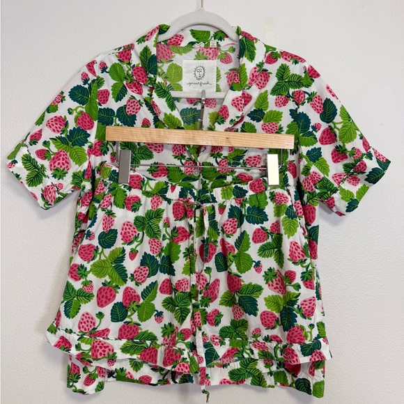 Printfresh Strawberry Fields 3pc pajama set Sz S top shorts cropped pants - Picture 6 of 16